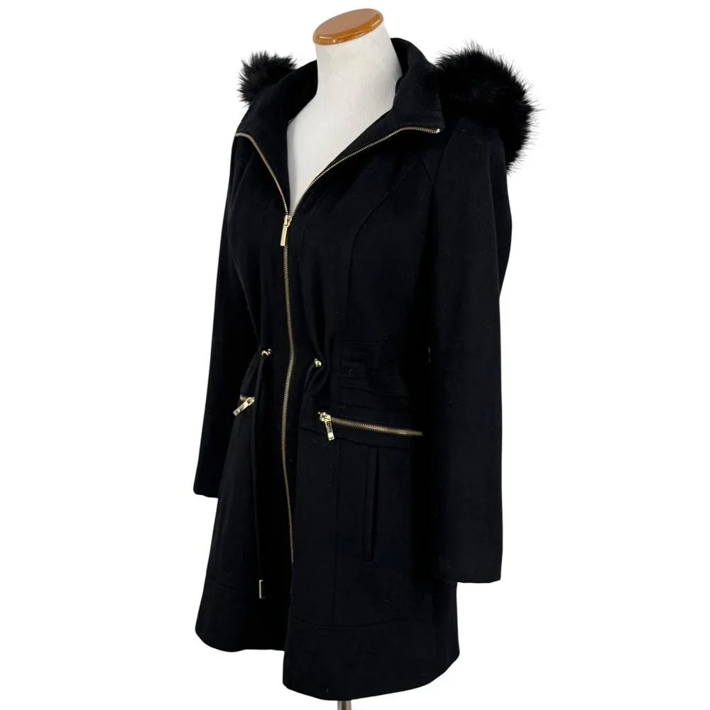 Laundry By Shelli Segal Black Wool Faux Fur Trim Hooded Coat | Cozy Quiet Luxury - Picture 5 of 16